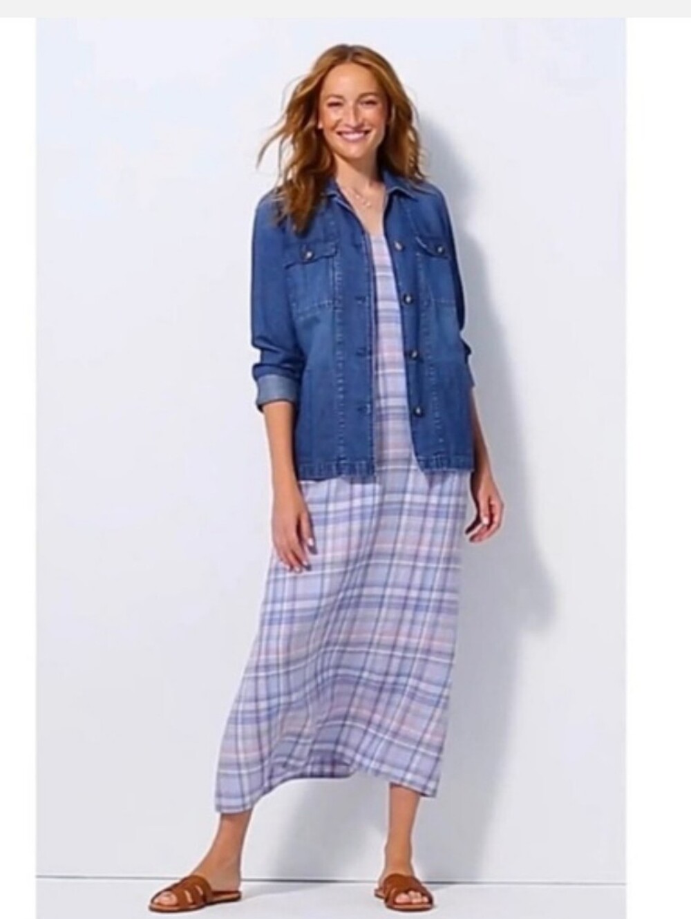 J. Jill Love Linen Women's XL Plaid Sun Summer Maxi Dress Sleeveless Blue Pink - Picture 6 of 7